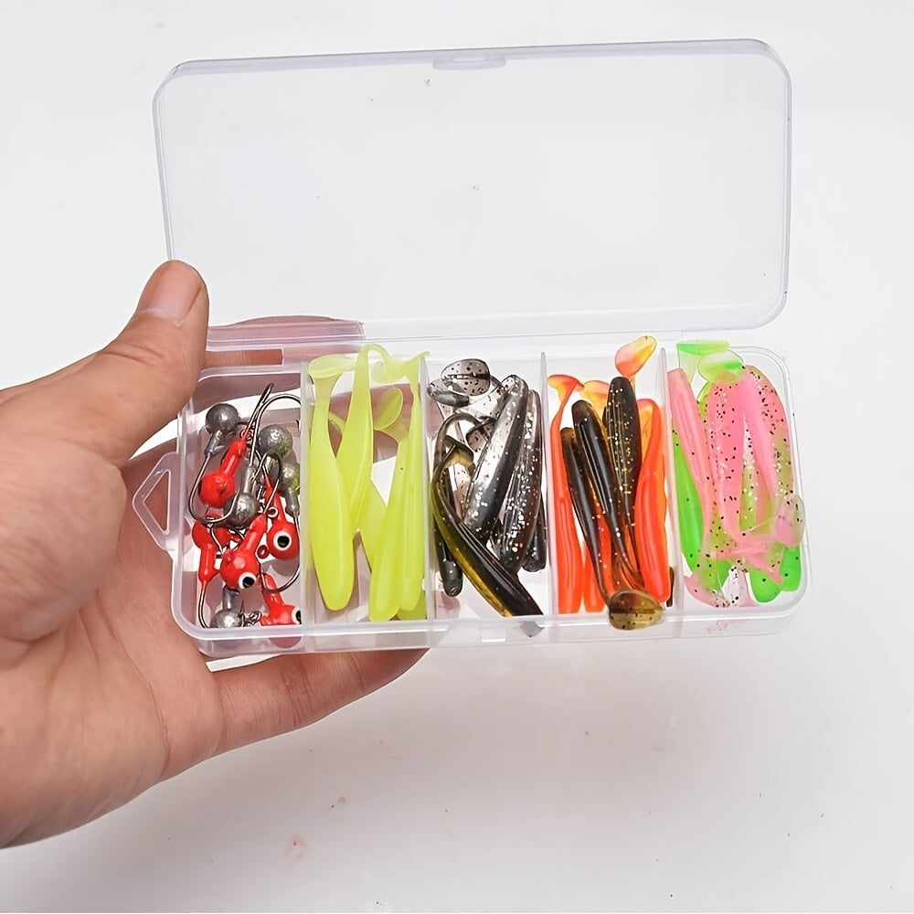 TUODSPLU 40-piece Premium silicone bait kit - bright mixed colors, T-tail baits and Shad swingers with hooks, ultimate pike crochet kit in PVC/ lead - clear storage box