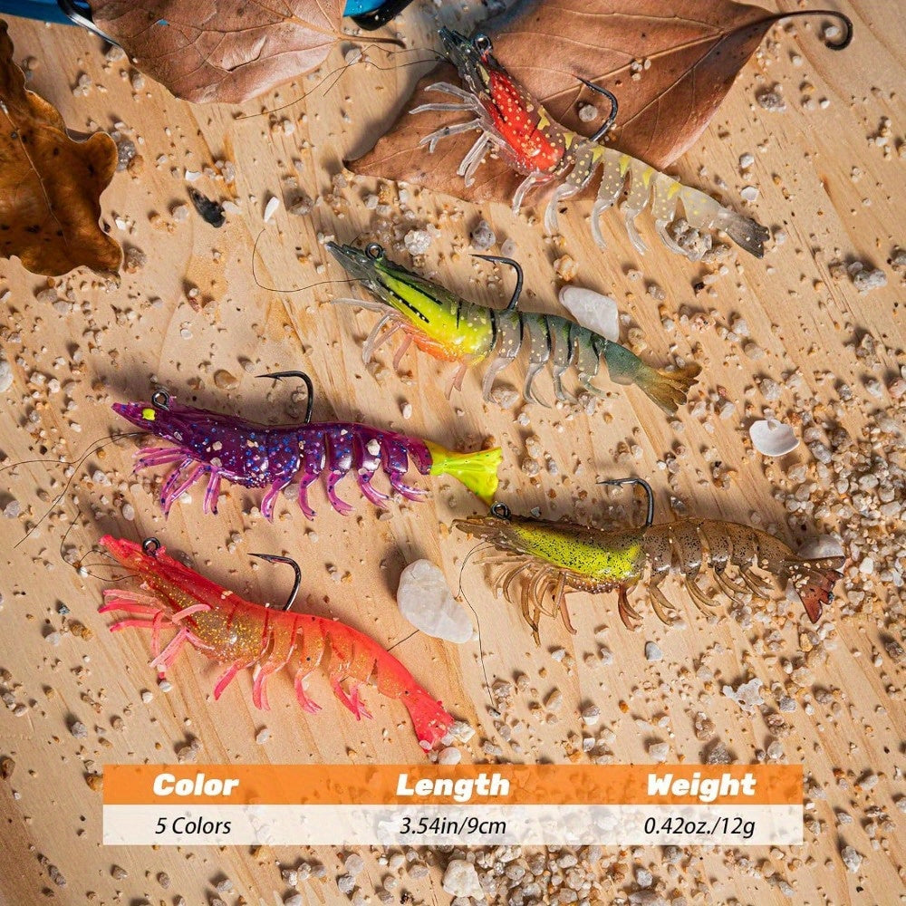 TUODSPLU Soft Shrimp Bait Luminous Shrimp Bait Set Fishing bait with sharp hooks for freshwater saltwater trout Bass Salmon Clappi big-eye Pike Bass, 5/10pcs Shrimp bait with tackle box