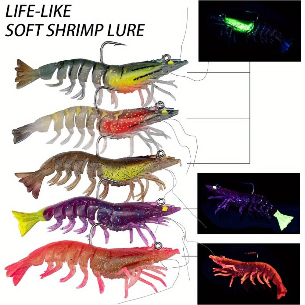 TUODSPLU Soft Shrimp Bait Luminous Shrimp Bait Set Fishing bait with sharp hooks for freshwater saltwater trout Bass Salmon Clappi big-eye Pike Bass, 5/10pcs Shrimp bait with tackle box