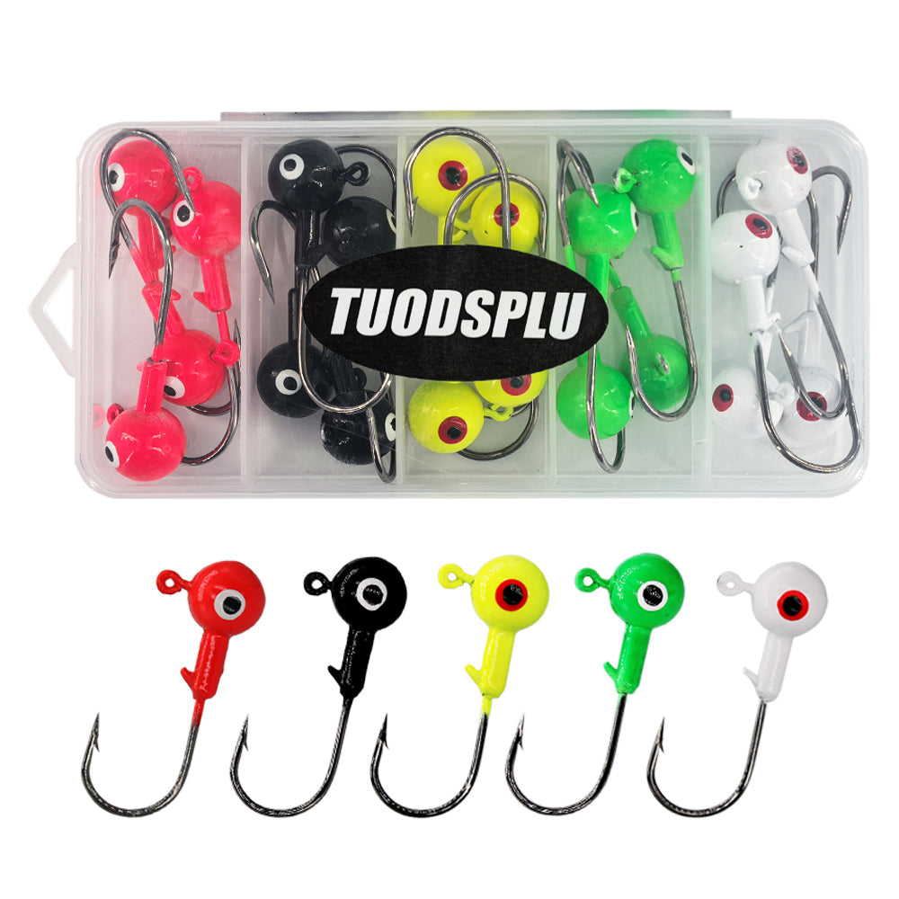 TUODSPLU 20pcs/box fishing jig head set, various colors, freshwater bass and trout lead hooks, binocular bait hooks, saltwater resistant, various sizes