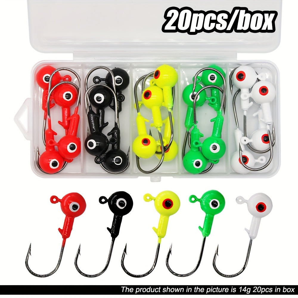 TUODSPLU 20pcs/box fishing jig head set, various colors, freshwater bass and trout lead hooks, binocular bait hooks, saltwater resistant, various sizes