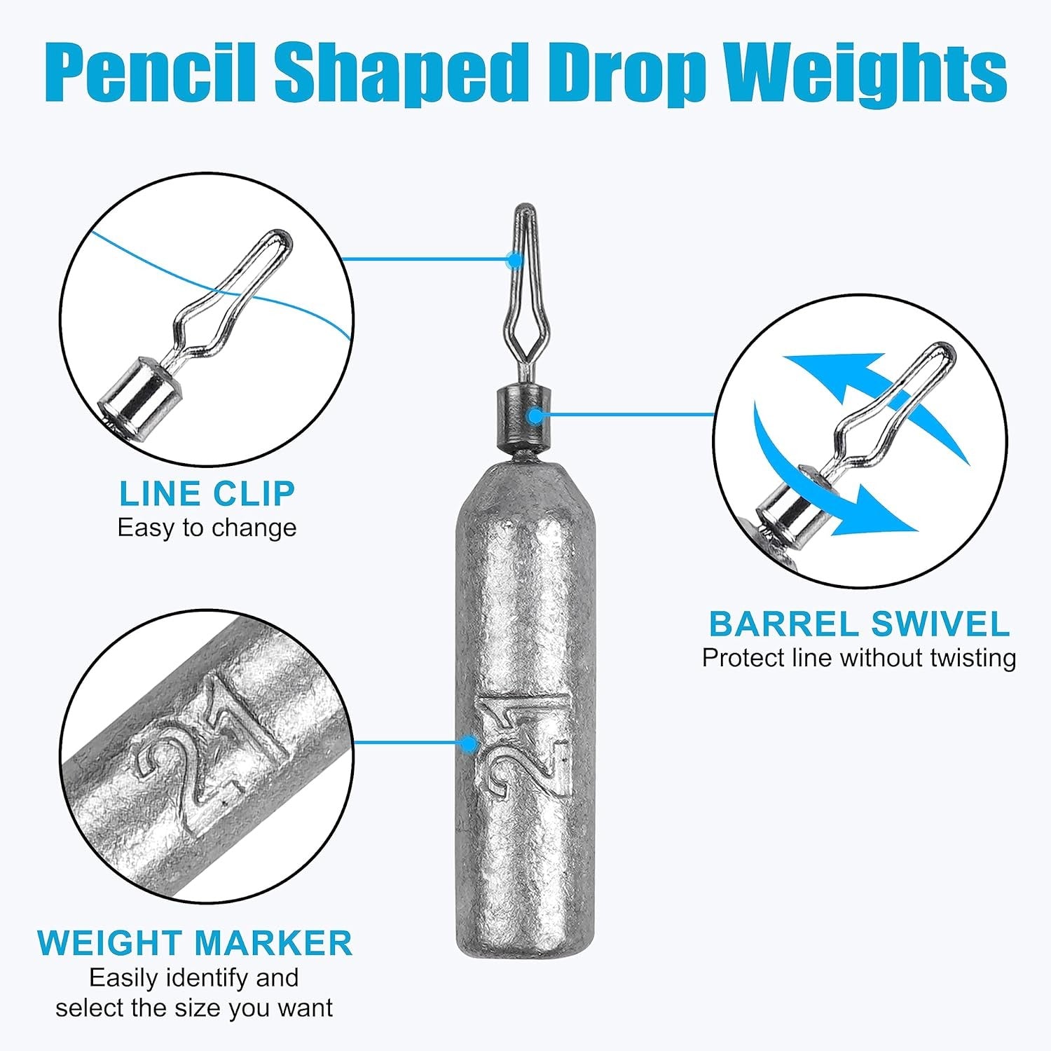 TUODSPLU 30pcs pencil lead fishing weights, silver, for saltwater and fresh water throwing weights, with barrel swivel, easy to change line clips, for hunting and fishing gear