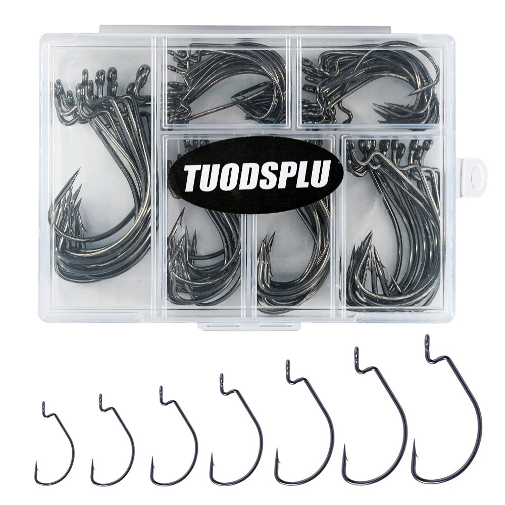 TUODSPLU 80pcs/set stainless steel crank hooks for soft bait - Texas Tie Hook fishing tackle box - durable black nickel hooks for fresh and salt water (sizes 1 #, 1/0 #, 2/0 #, 3/0 #, 4/0 #, 5/0 #)