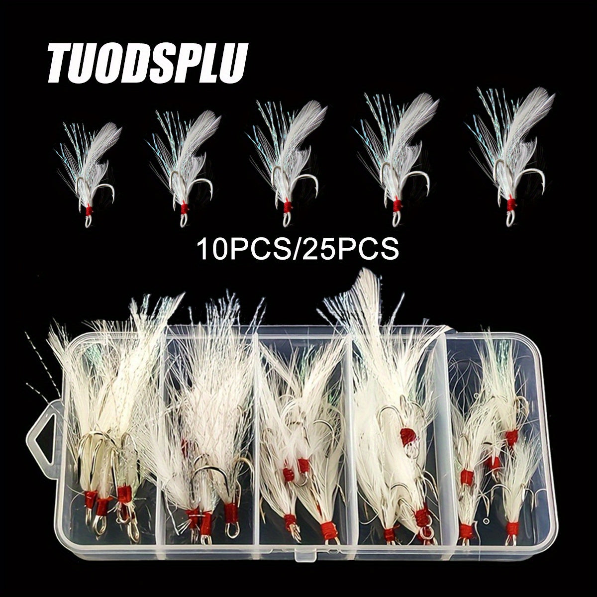 TUODSPLU 10/25 feathered saltwater lures with stainless steel sharp three-prong hooks for a wide range of sizes of freshwater and saltwater fishing accessories