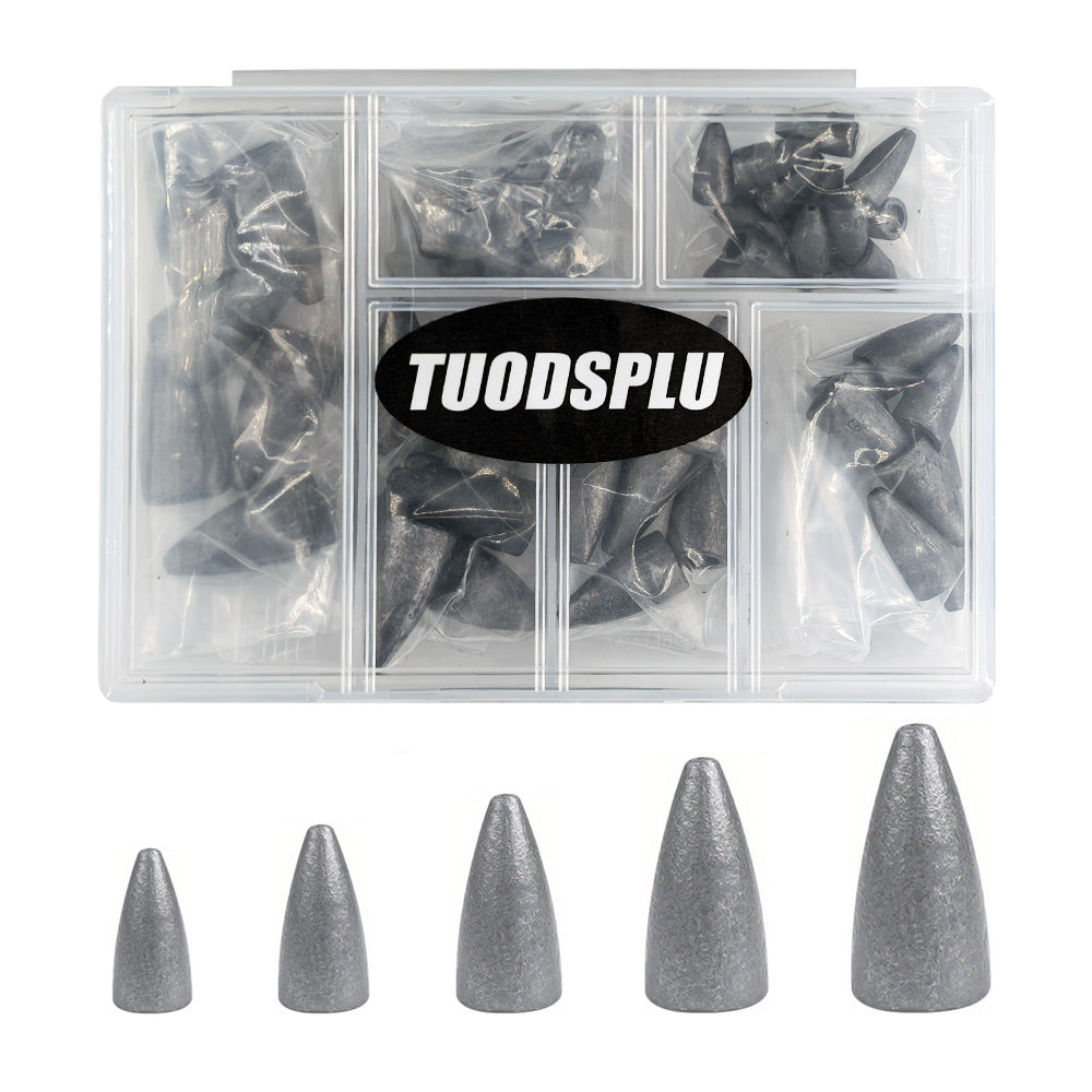 TUODSPLU 50pcs lead sinks with grooves weighing between 0.12 oz and 0.49 oz for tackle fittings.