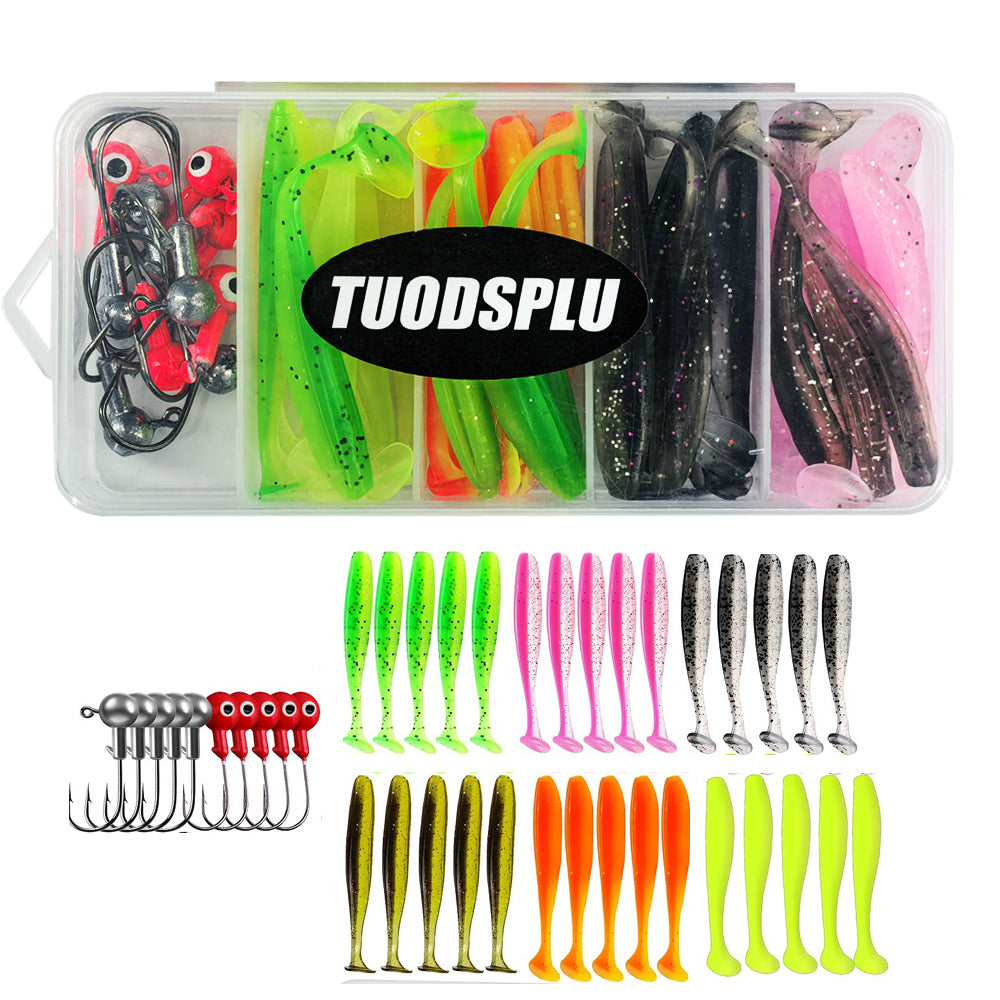 TUODSPLU 40-piece Premium silicone bait kit - bright mixed colors, T-tail baits and Shad swingers with hooks, ultimate pike crochet kit in PVC/ lead - clear storage box