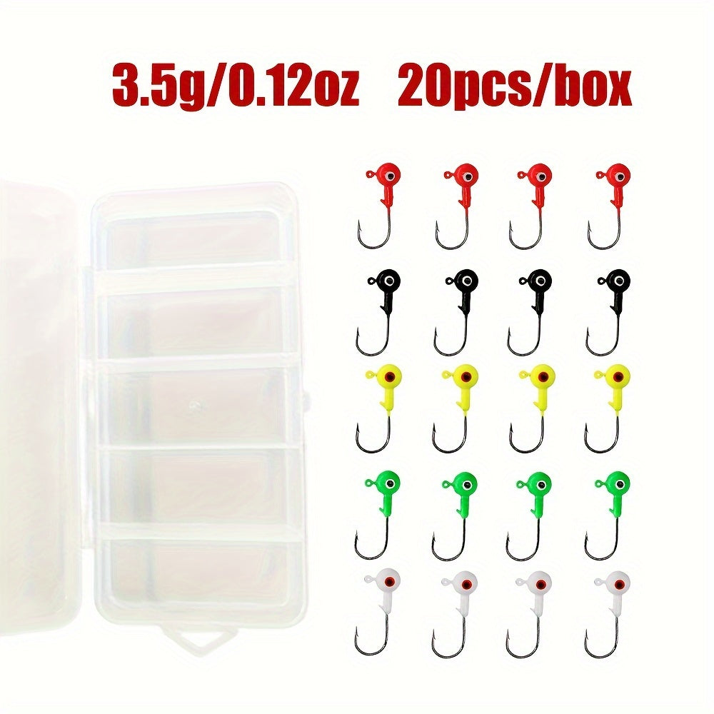 TUODSPLU 20pcs/box fishing jig head set, various colors, freshwater bass and trout lead hooks, binocular bait hooks, saltwater resistant, various sizes