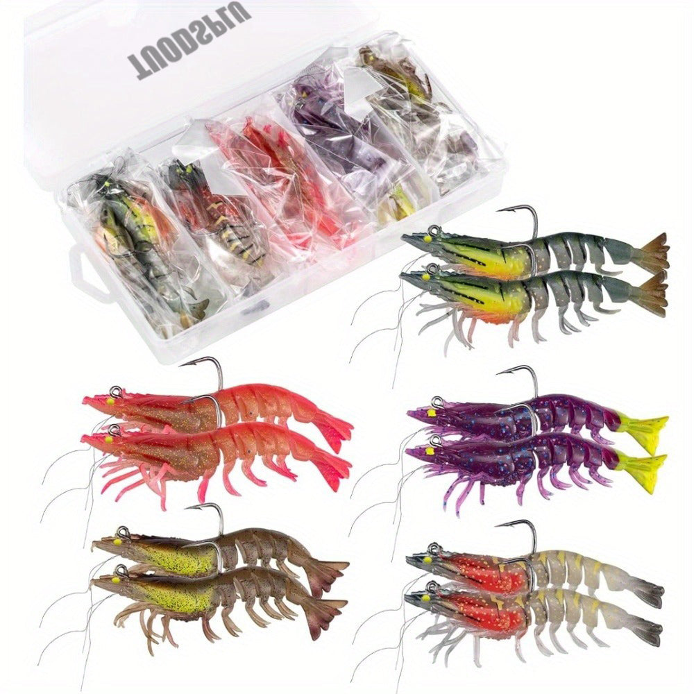 TUODSPLU Soft Shrimp Bait Luminous Shrimp Bait Set Fishing bait with sharp hooks for freshwater saltwater trout Bass Salmon Clappi big-eye Pike Bass, 5/10pcs Shrimp bait with tackle box