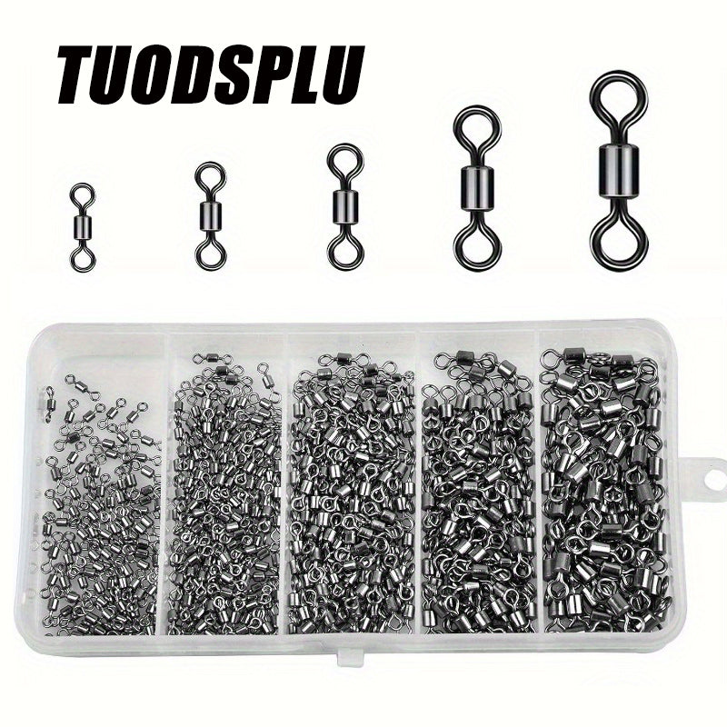 TUODSPLU Barrel Fishing Swivels Kit 500pcs Rolling Swivels Fishing Tackle Saltwater Heavy Duty Fishing Line Connectors Black Stainless Steel Bearing Swivels for Saltwater Freshwater 30-97Lbs