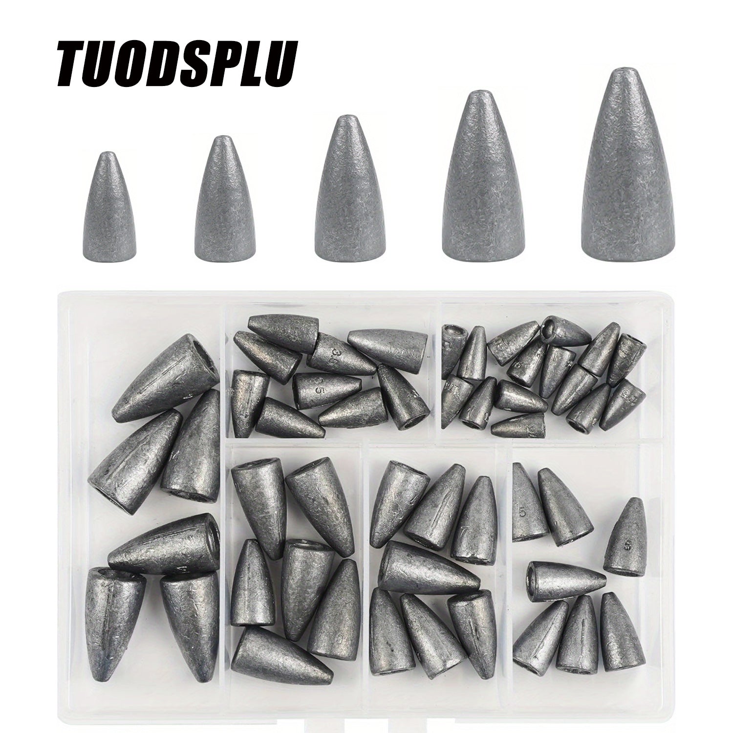 TUODSPLU 50pcs lead sinks with grooves weighing between 0.12 oz and 0.49 oz for tackle fittings.