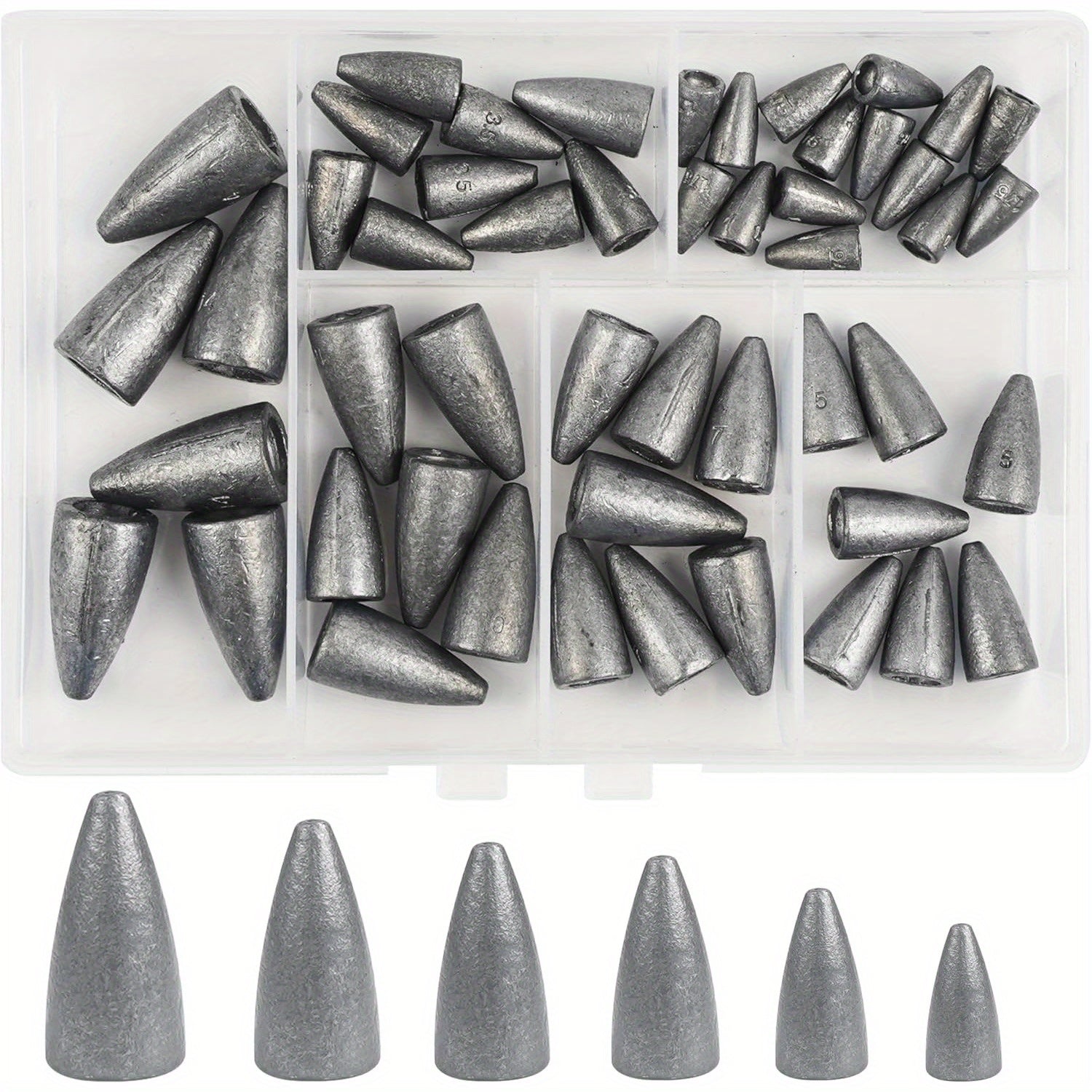 TUODSPLU 50pcs lead sinks with grooves weighing between 0.12 oz and 0.49 oz for tackle fittings.