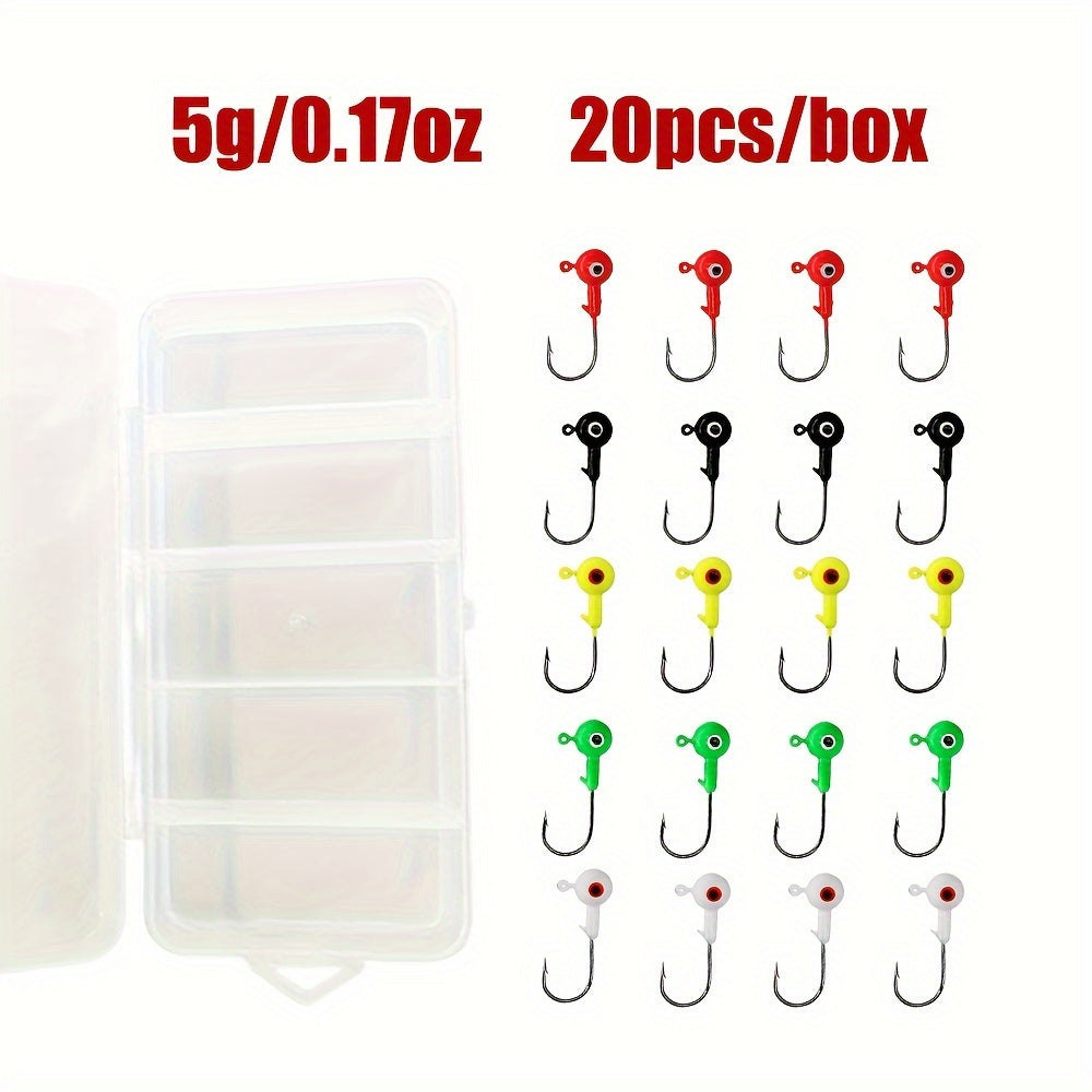 TUODSPLU 20pcs/box fishing jig head set, various colors, freshwater bass and trout lead hooks, binocular bait hooks, saltwater resistant, various sizes