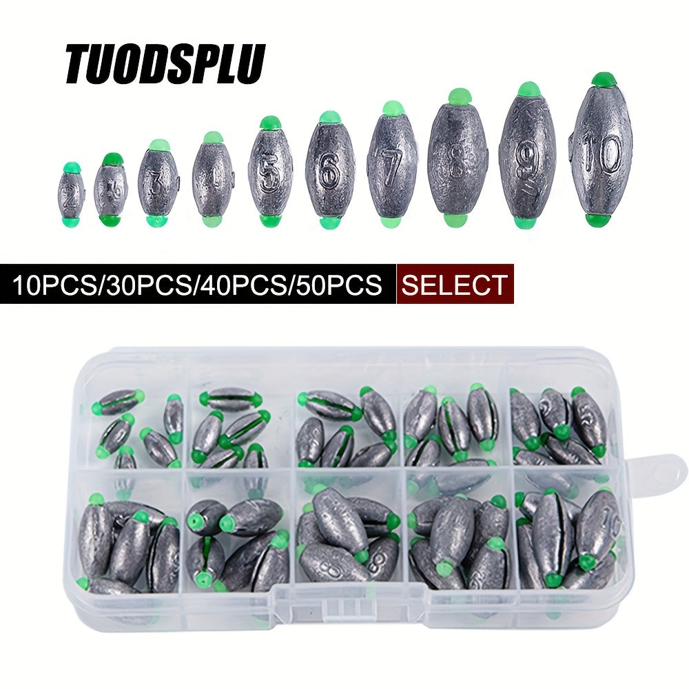 TUODSPLU 10/30/40/50 fishing lead settler - 10 sizes fishing tackle set with portable storage box for easy storage