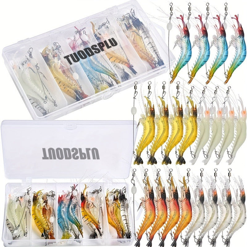 TUODSPLU Soft Shrimp Lures Fishing Saltwater Luminous Shrimp Bait Set Fishing Lures with Sharp Hooks for Freshwater Saltwater Trout Bass Salmon Crappie Walleye Pike Perch