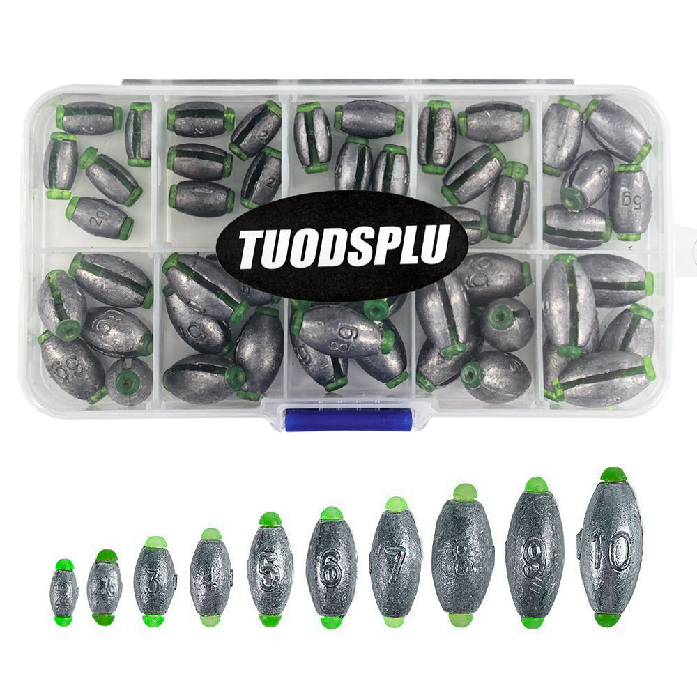 TUODSPLU 10/30/40/50 fishing lead settler - 10 sizes fishing tackle set with portable storage box for easy storage