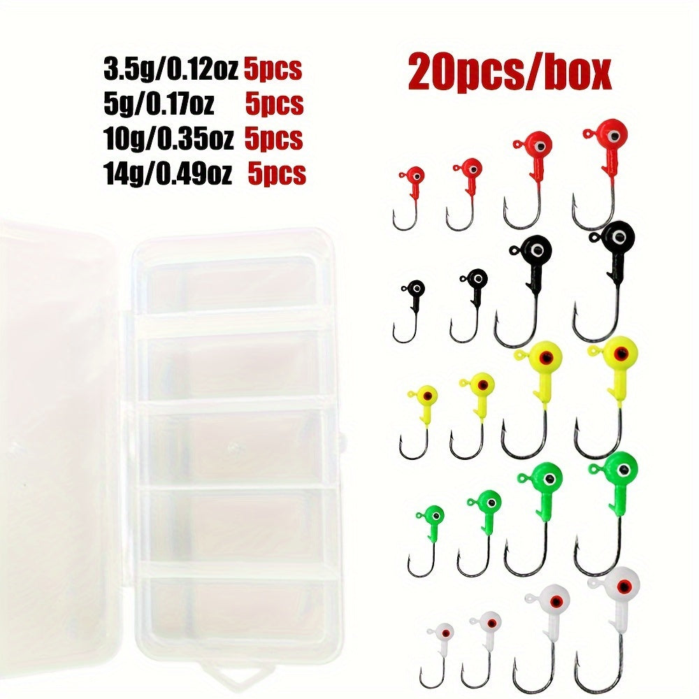 TUODSPLU 20pcs/box fishing jig head set, various colors, freshwater bass and trout lead hooks, binocular bait hooks, saltwater resistant, various sizes