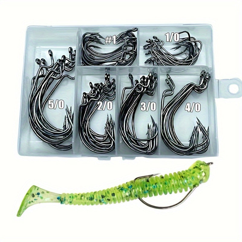 TUODSPLU 80pcs/set stainless steel crank hooks for soft bait - Texas Tie Hook fishing tackle box - durable black nickel hooks for fresh and salt water (sizes 1 #, 1/0 #, 2/0 #, 3/0 #, 4/0 #, 5/0 #)