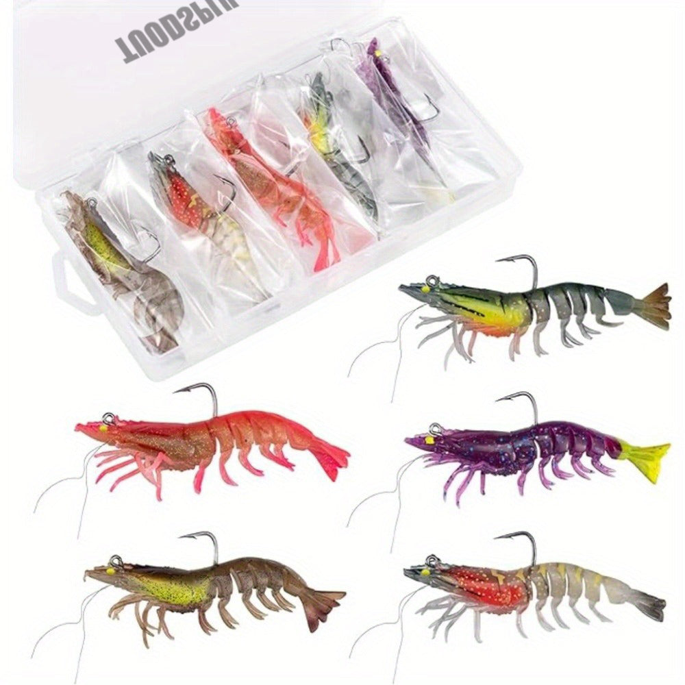 TUODSPLU Soft Shrimp Bait Luminous Shrimp Bait Set Fishing bait with sharp hooks for freshwater saltwater trout Bass Salmon Clappi big-eye Pike Bass, 5/10pcs Shrimp bait with tackle box