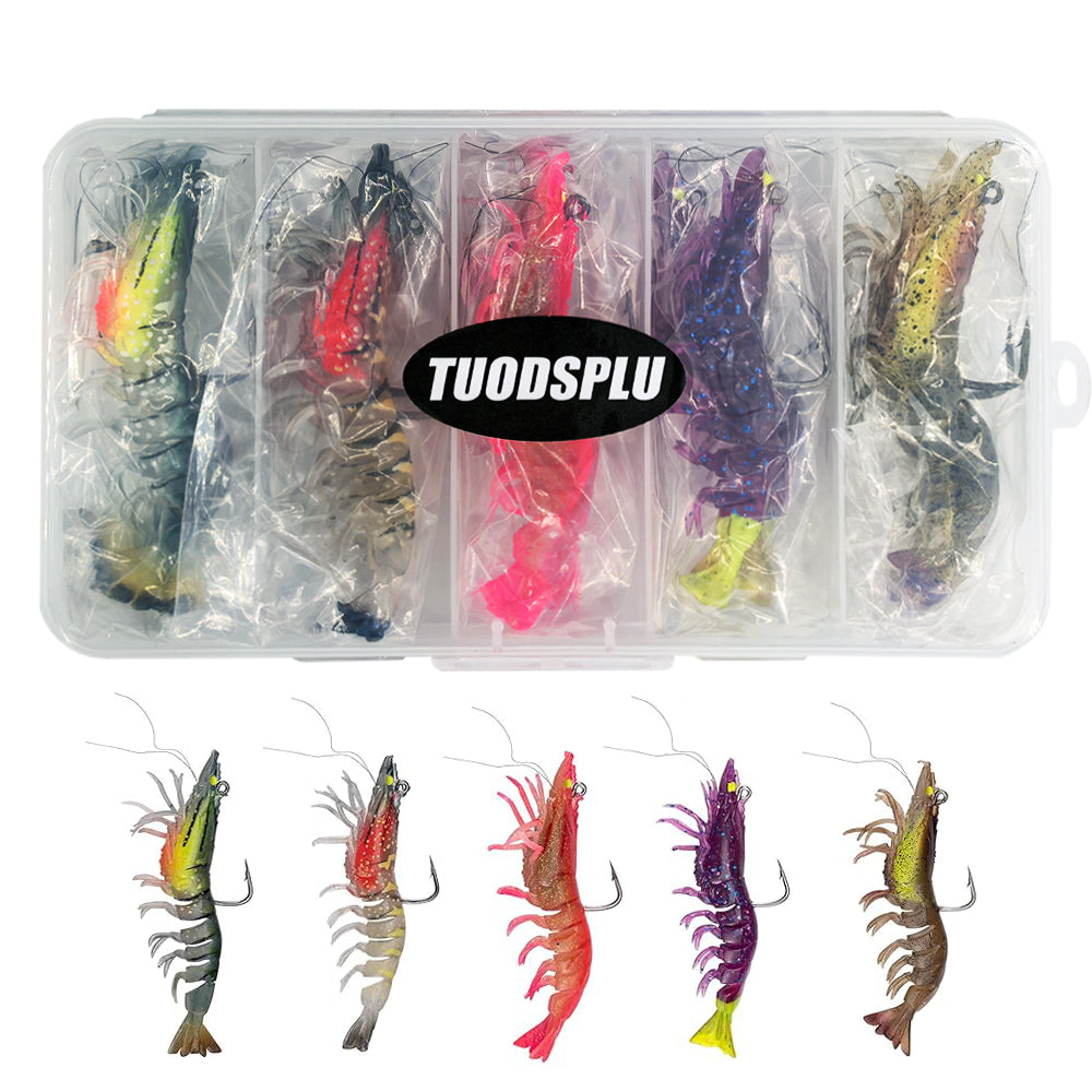 TUODSPLU Soft Shrimp Bait Luminous Shrimp Bait Set Fishing bait with sharp hooks for freshwater saltwater trout Bass Salmon Clappi big-eye Pike Bass, 5/10pcs Shrimp bait with tackle box