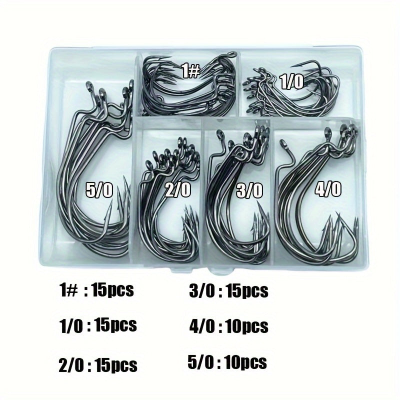 TUODSPLU 80pcs/set stainless steel crank hooks for soft bait - Texas Tie Hook fishing tackle box - durable black nickel hooks for fresh and salt water (sizes 1 #, 1/0 #, 2/0 #, 3/0 #, 4/0 #, 5/0 #)