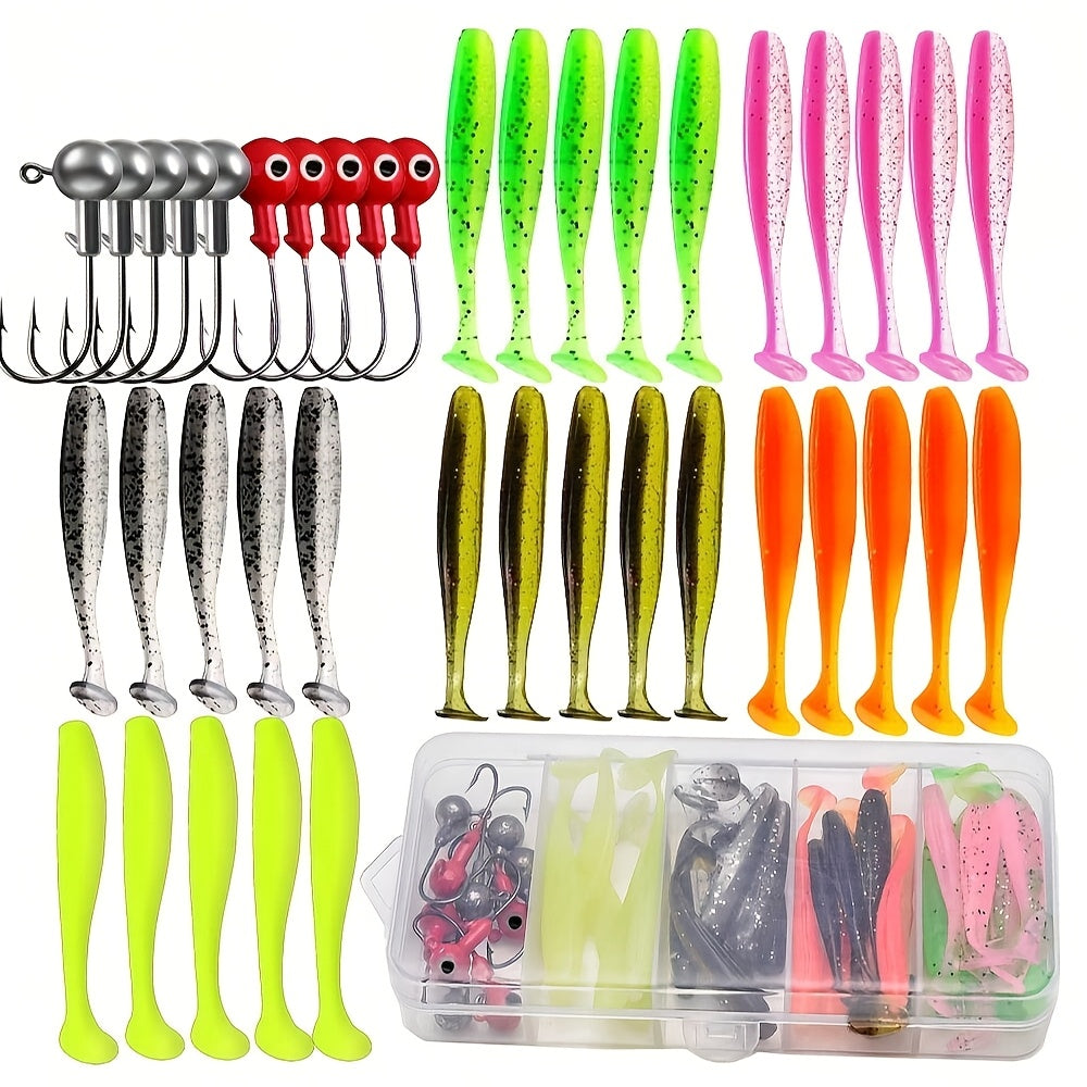 TUODSPLU 40-piece Premium silicone bait kit - bright mixed colors, T-tail baits and Shad swingers with hooks, ultimate pike crochet kit in PVC/ lead - clear storage box